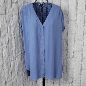 Orvis Medium Blue Rayon Button Front Short Sleeve‎ V-neck Blouse Medium